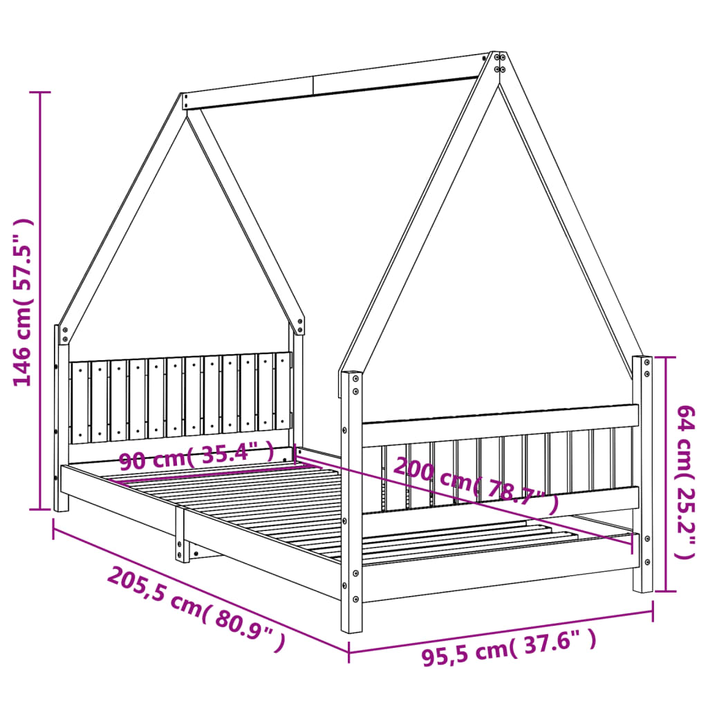 Kids Bed Frame Black 90x200 cm Solid Wood Pine