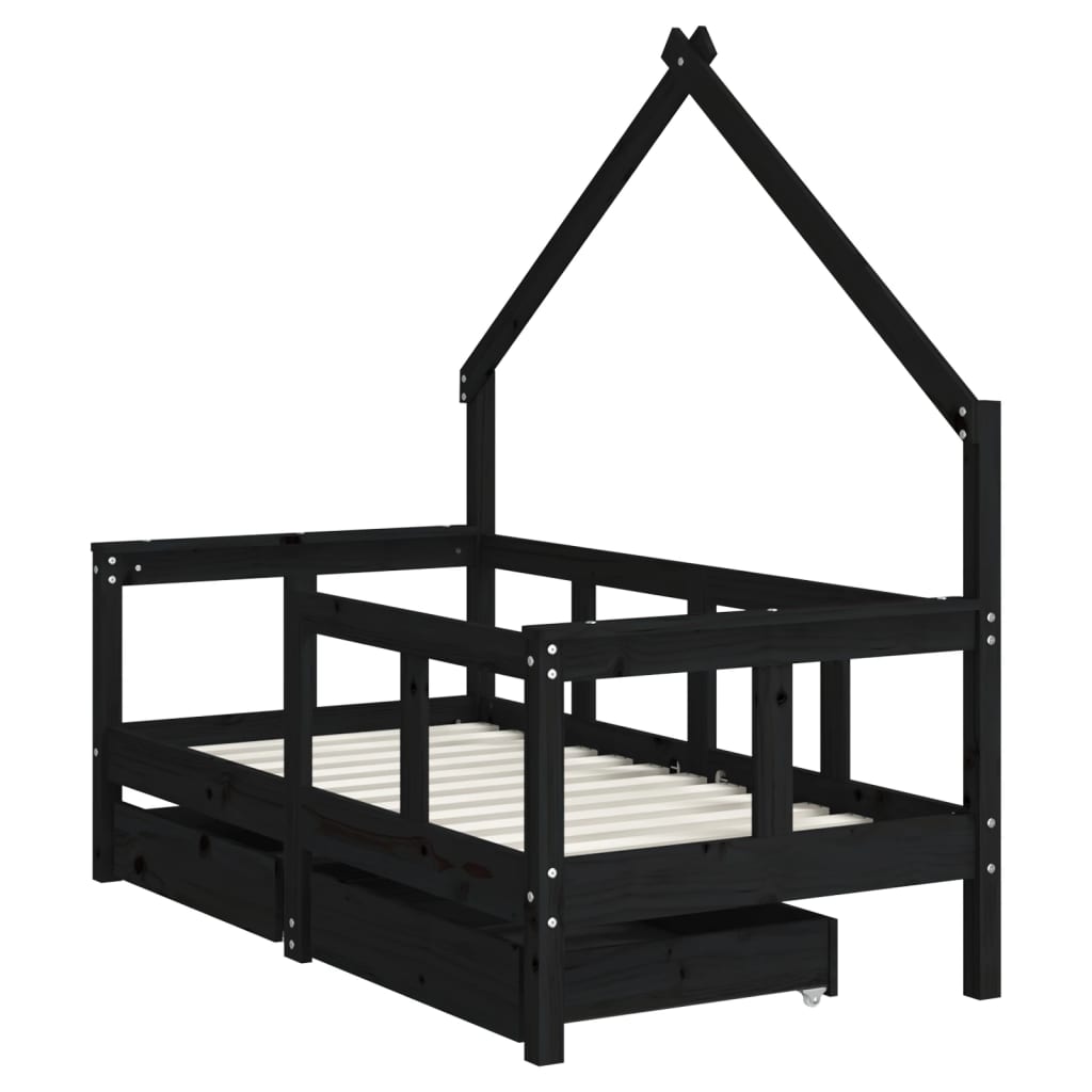 Kids Bed Frame with Drawers Black 70x140 cm Solid Wood Pine