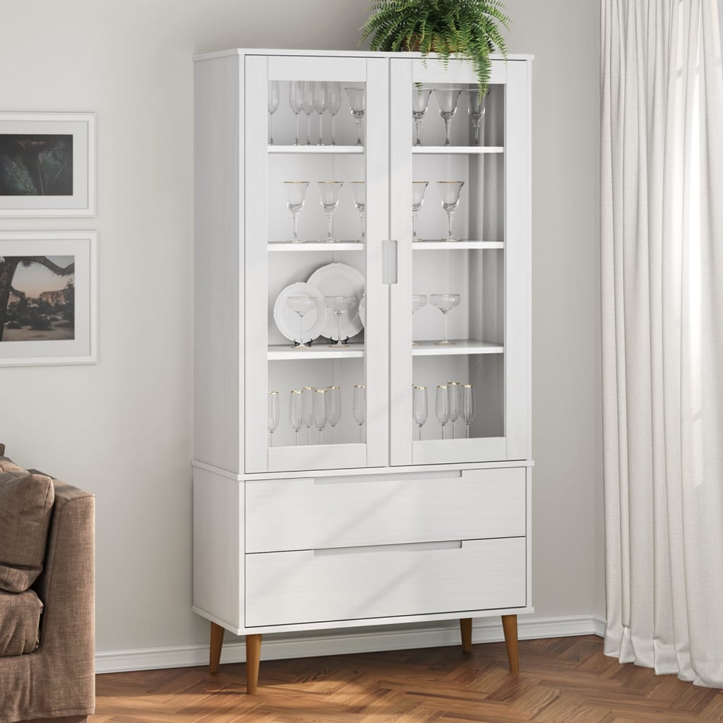 Vitrine Cabinet MOLDE White 90x35x175 cm Solid Wood Pine