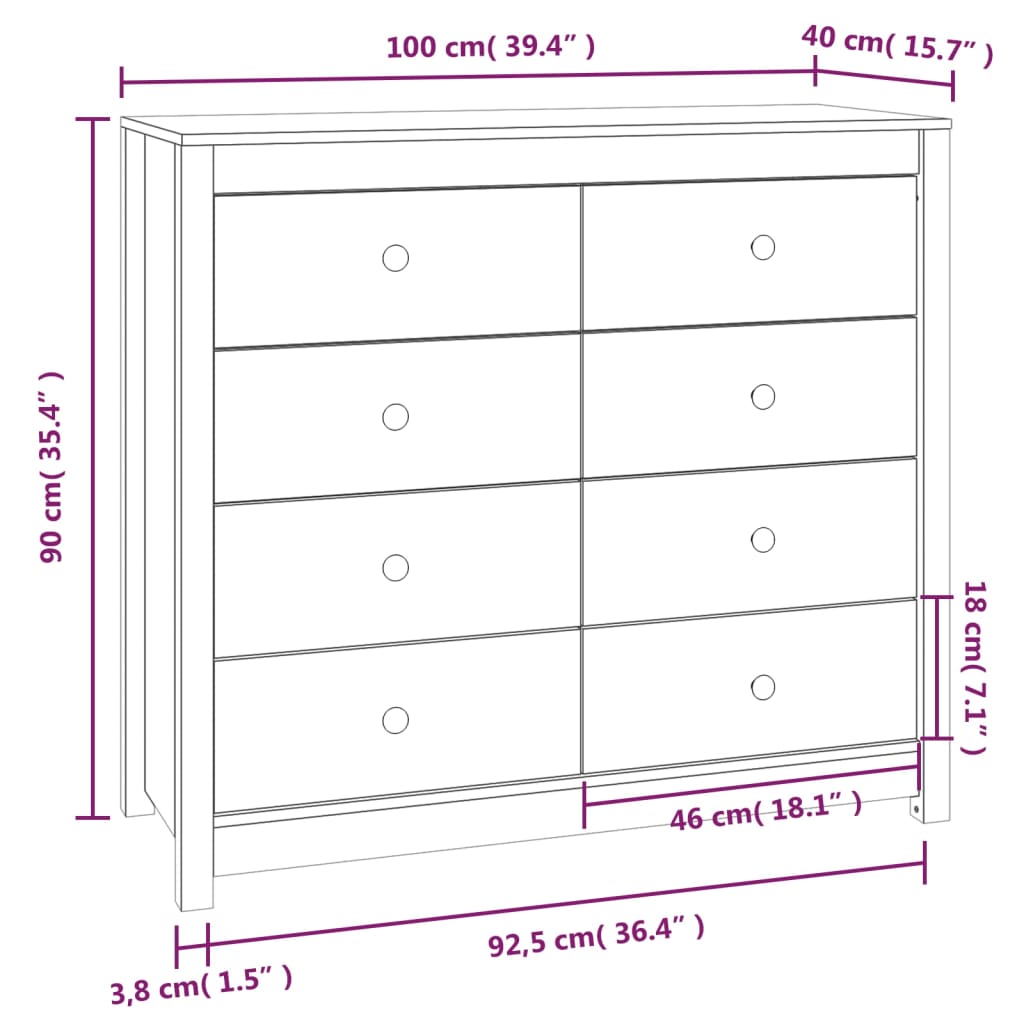 Side Cabinet White 100x40x90 cm Solid Wood Pine