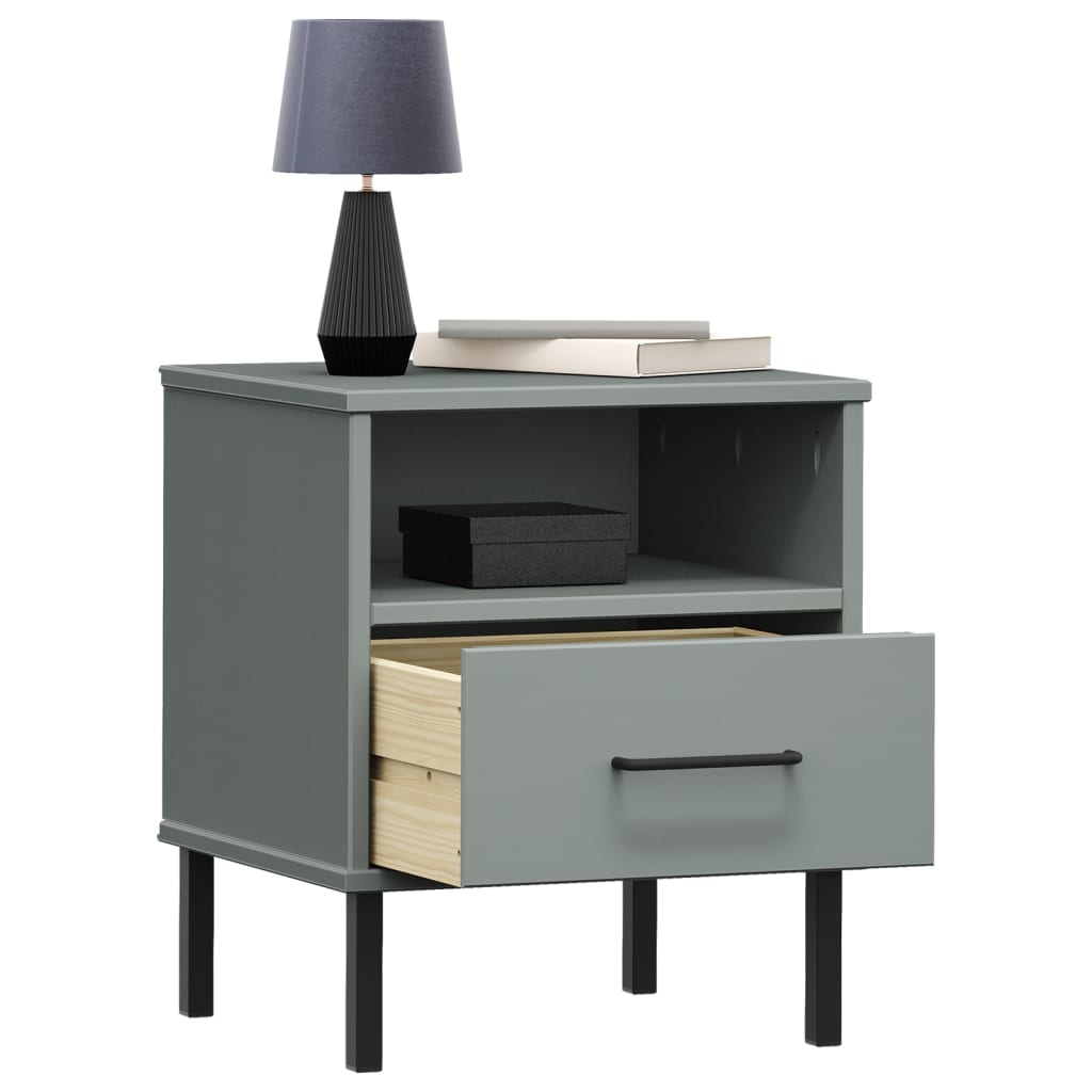 Bedside Cabinet with Metal Legs Grey Solid Wood Pine OSLO