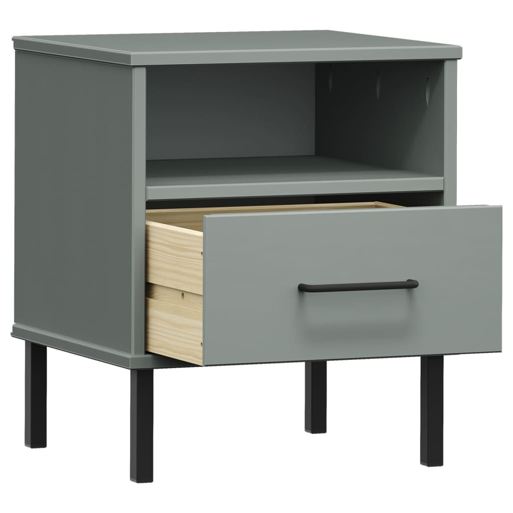 Bedside Cabinet with Metal Legs Grey Solid Wood Pine OSLO