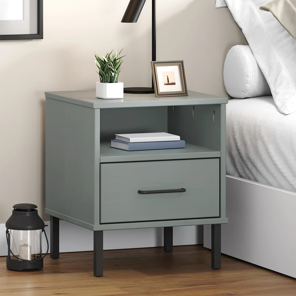 Bedside Cabinet with Metal Legs Grey Solid Wood Pine OSLO