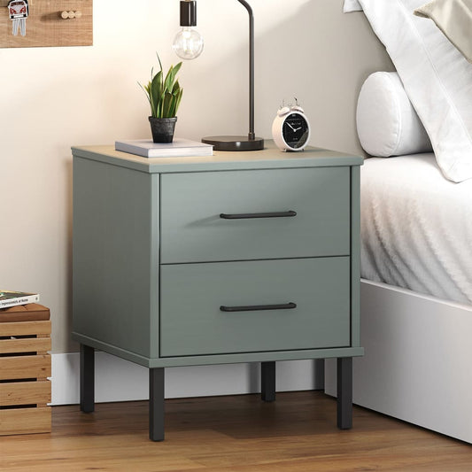 Bedside Cabinet with Metal Legs Grey Solid Wood Pine OSLO