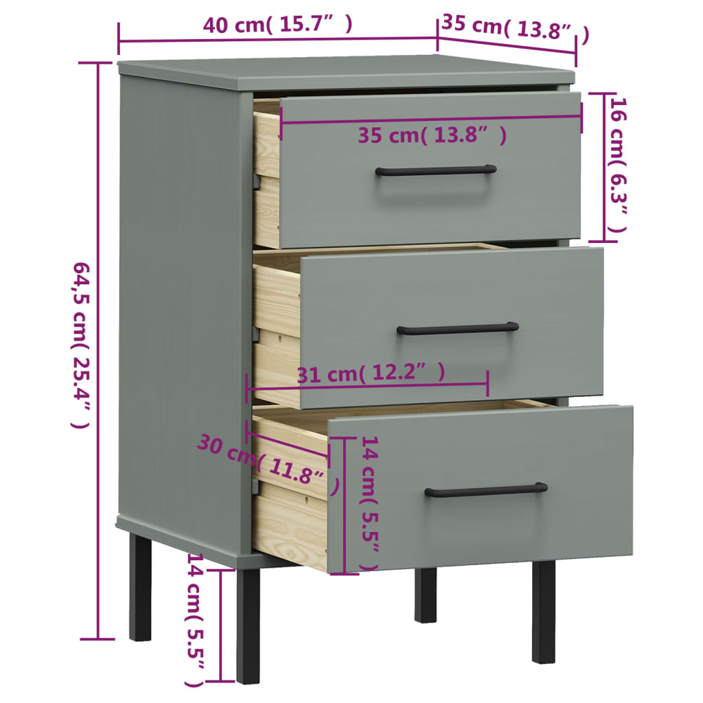 Bedside Cabinet with Metal Legs Grey Solid Wood Pine OSLO