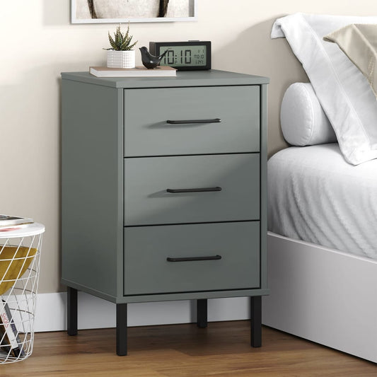 Bedside Cabinet with Metal Legs Grey Solid Wood Pine OSLO