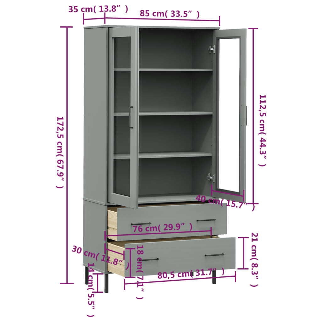 Bookcase with Metal Legs Grey 85x35x172.5 cm Solid Wood OSLO