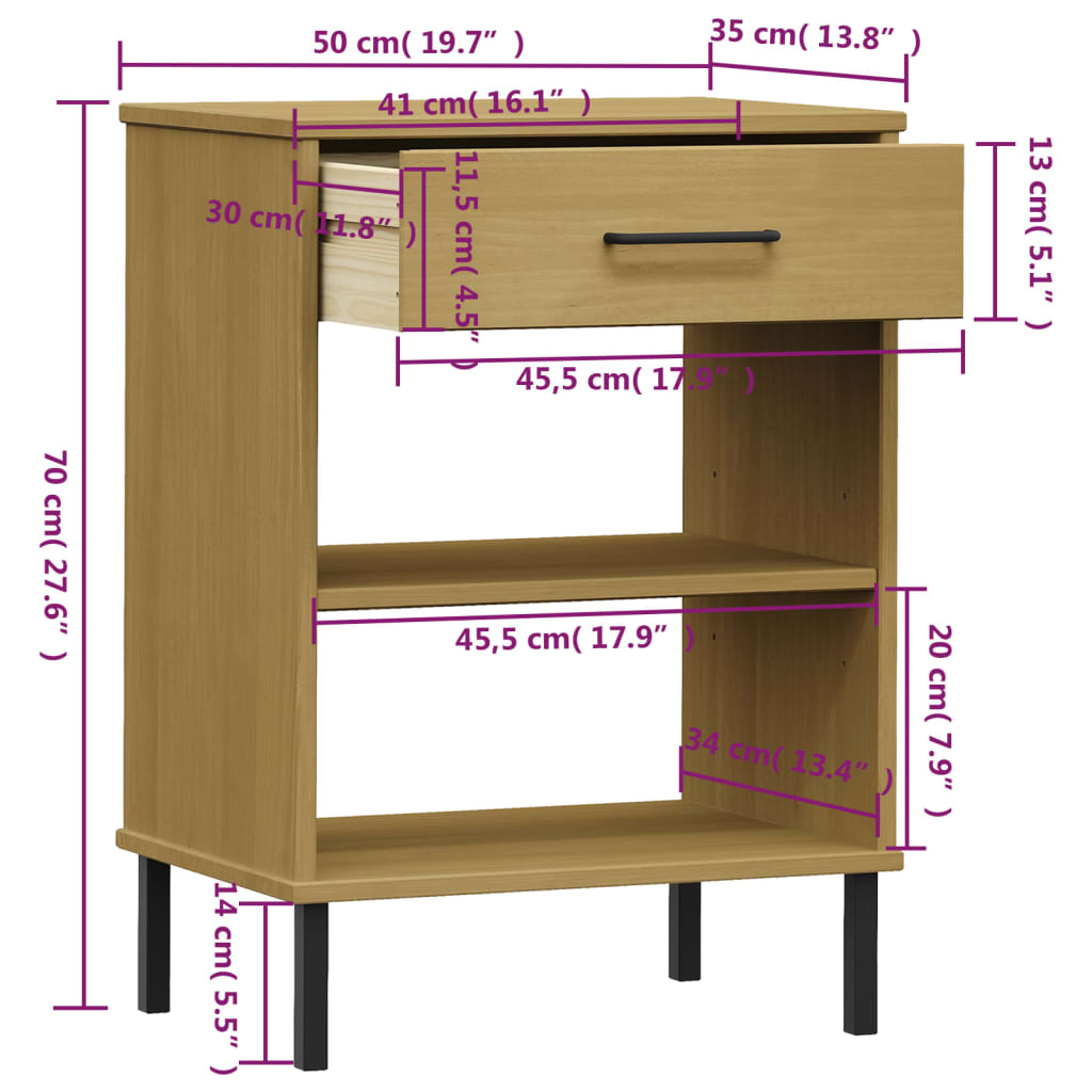 Console Cabinet with Metal Legs Brown Solid Wood Pine OSLO