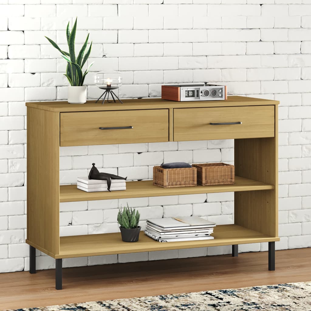 Console Cabinet with Metal Legs Brown Solid Wood Pine OSLO