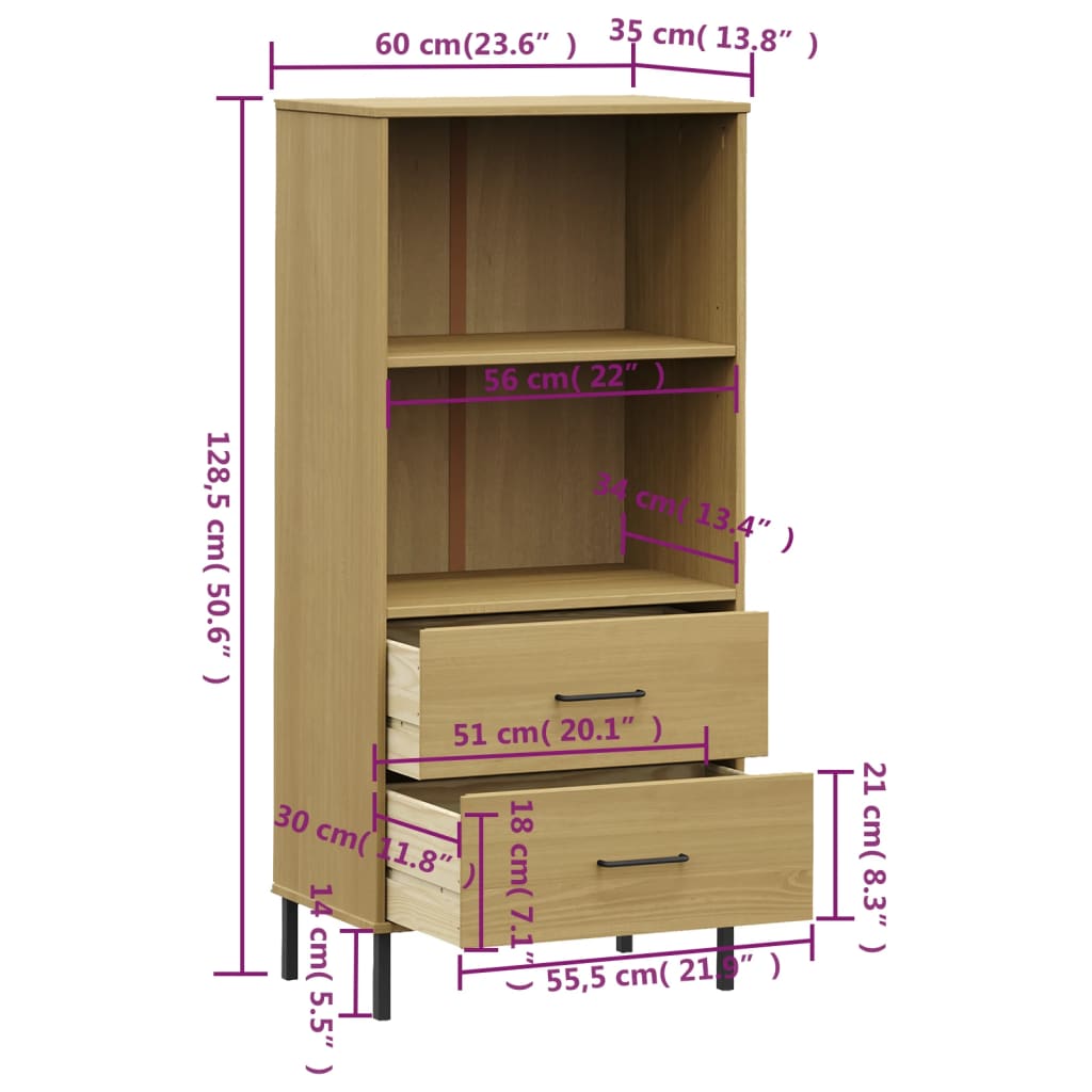 Bookcase with 2 Drawers Brown 60x35x128.5 cm Solid Wood OSLO