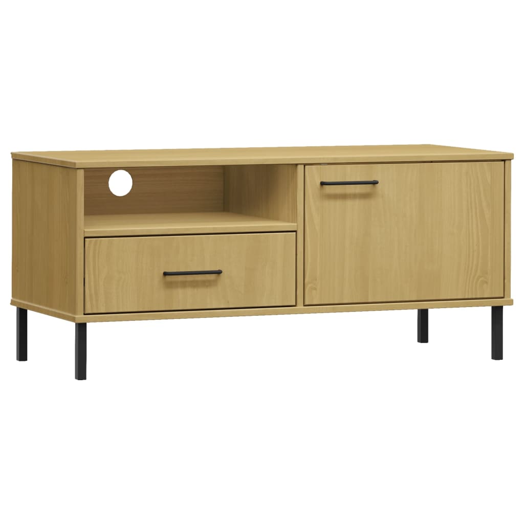 TV Cabinet with Metal Legs Brown Solid Wood Pine OSLO