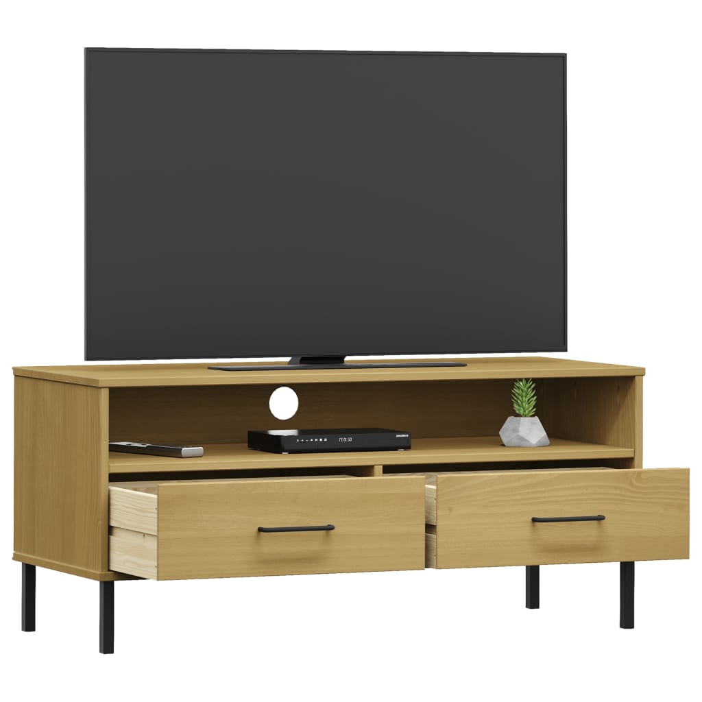 TV Cabinet with Metal Legs Brown Solid Wood Pine OSLO