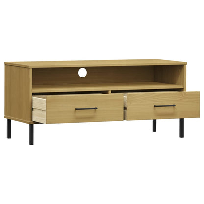 TV Cabinet with Metal Legs Brown Solid Wood Pine OSLO