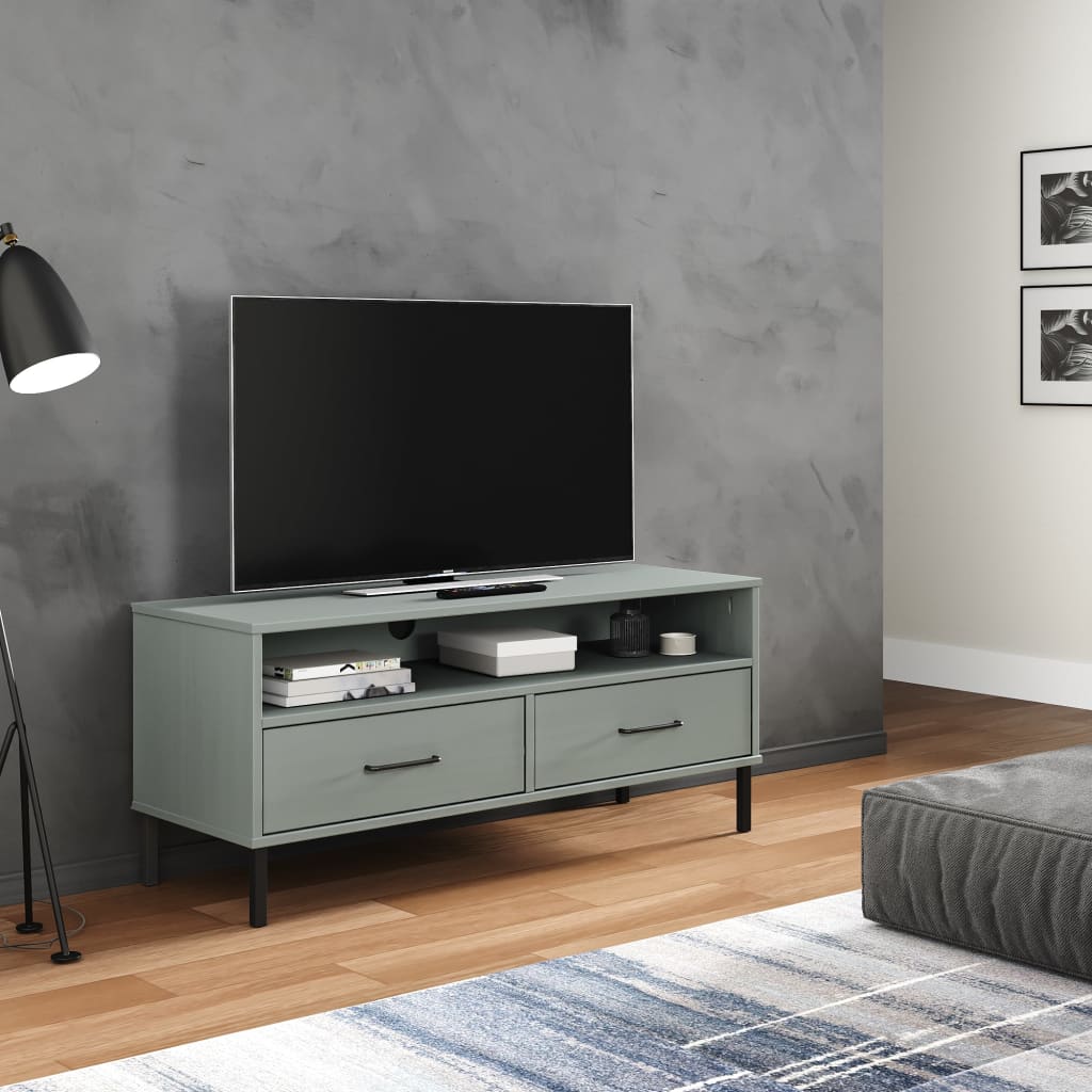 TV Cabinet with Metal Legs Grey Solid Wood Pine OSLO