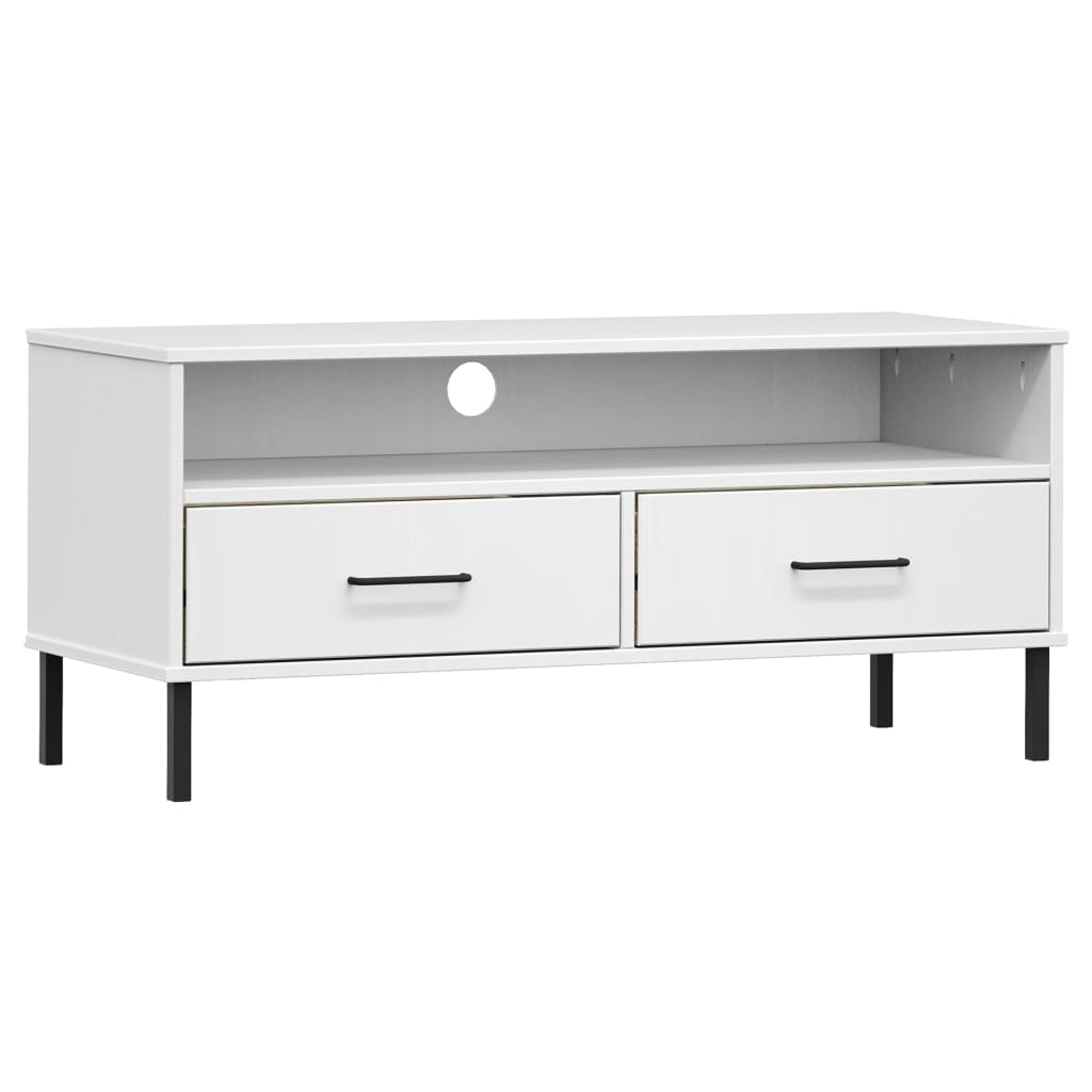 TV Cabinet with Metal Legs White Solid Wood Pine OSLO