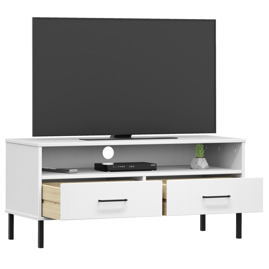 TV Cabinet with Metal Legs White Solid Wood Pine OSLO