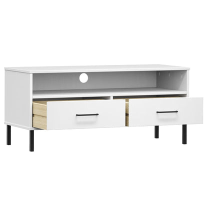 TV Cabinet with Metal Legs White Solid Wood Pine OSLO