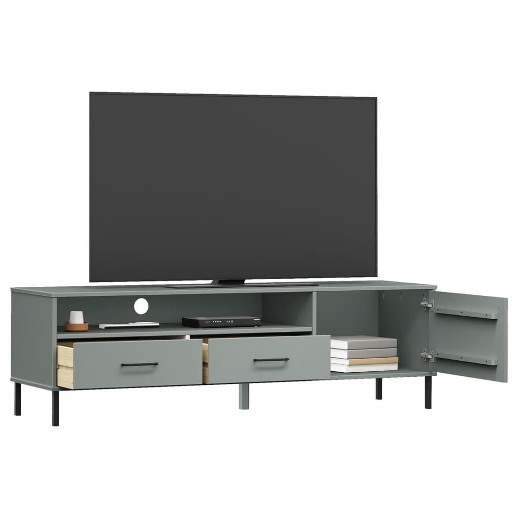 TV Cabinet with Metal Legs Grey Solid Wood Pine OSLO