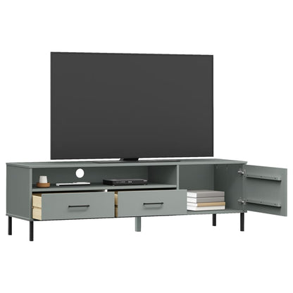 TV Cabinet with Metal Legs Grey Solid Wood Pine OSLO