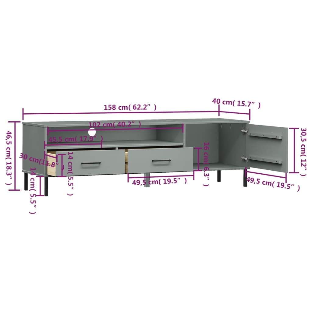 TV Cabinet with Metal Legs Grey Solid Wood Pine OSLO