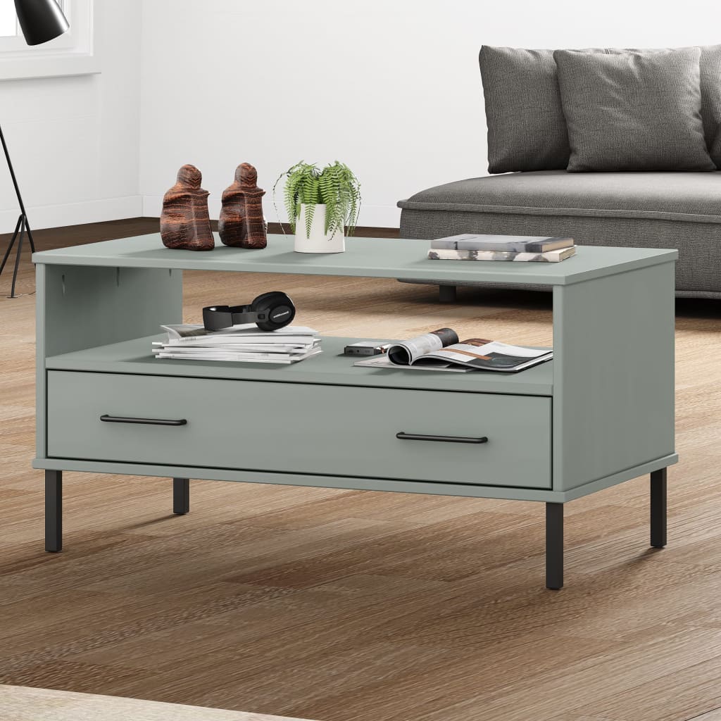 Coffee Table with Metal Legs Grey 85x50x45 cm Solid Wood OSLO