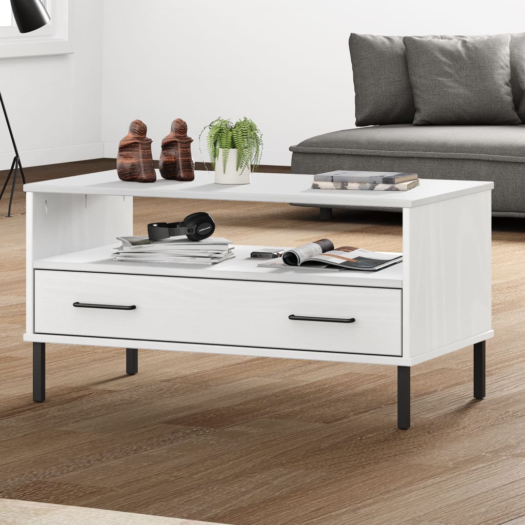 Coffee Table with Metal Legs White 85x50x45cm Solid Wood OSLO