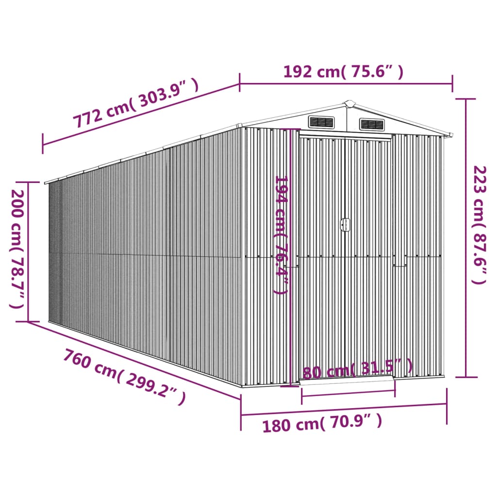 Garden Shed Light Grey 192x772x223 cm Galvanised Steel