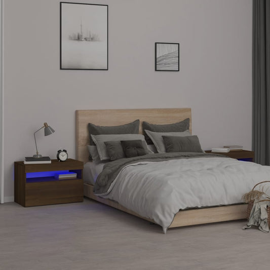 Bedside Cabinets 2 pcs with LED Lights Brown Oak 60x35x40 cm