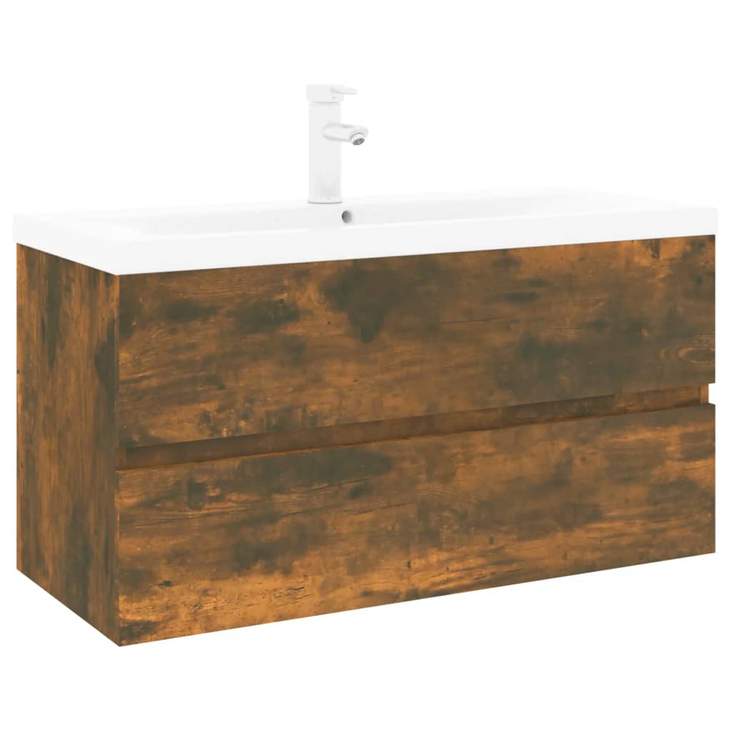 Sink Cabinet with Built-in Basin Smoked Oak Engineered Wood