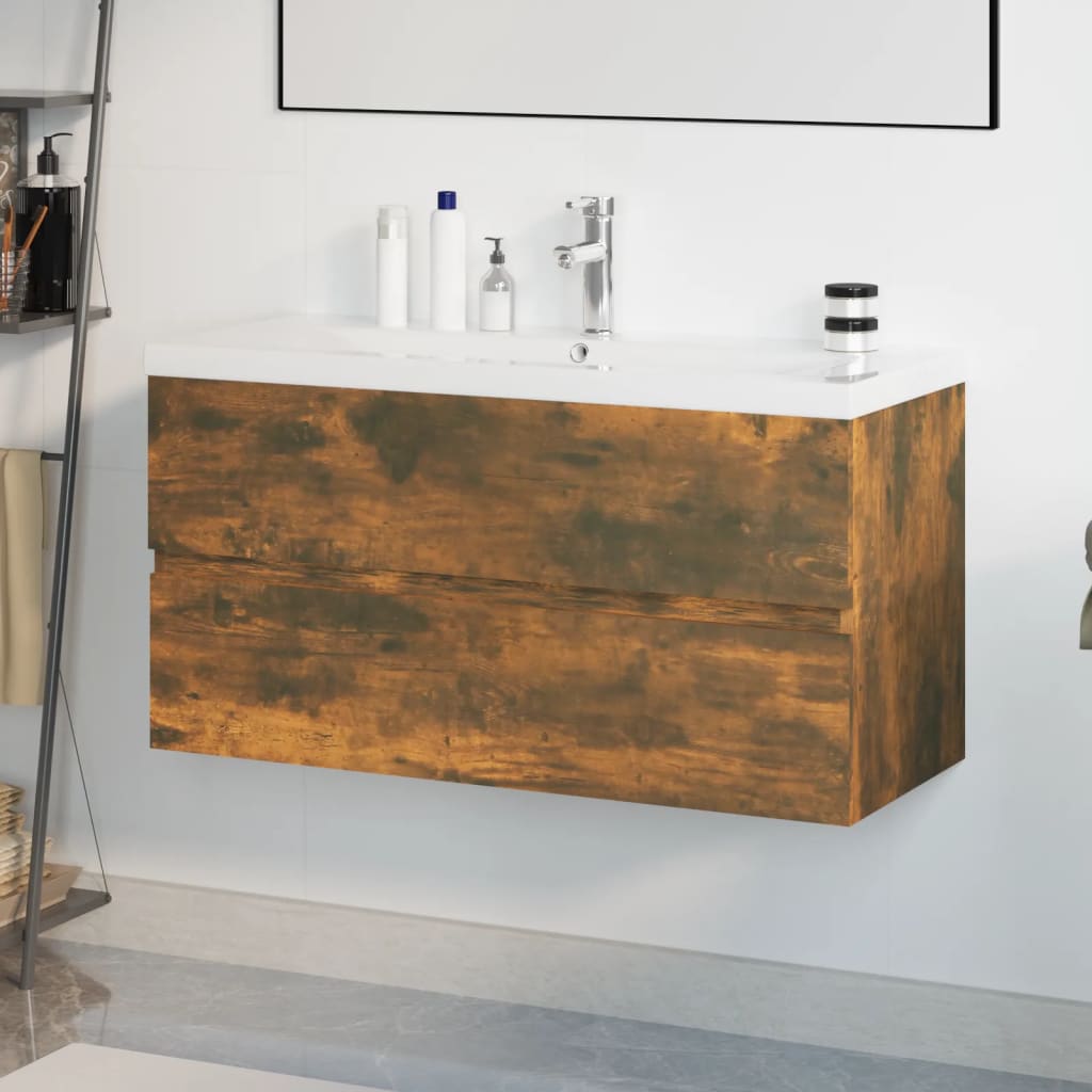 Sink Cabinet with Built-in Basin Smoked Oak Engineered Wood