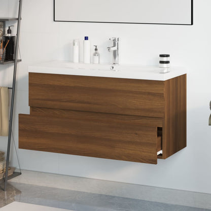 Sink Cabinet with Built-in Basin Brown Oak Engineered Wood