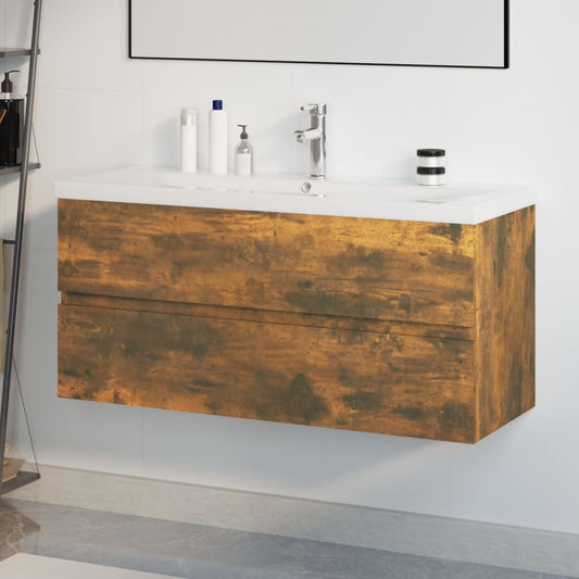 Sink Cabinet with Built-in Basin Smoked Oak Engineered Wood
