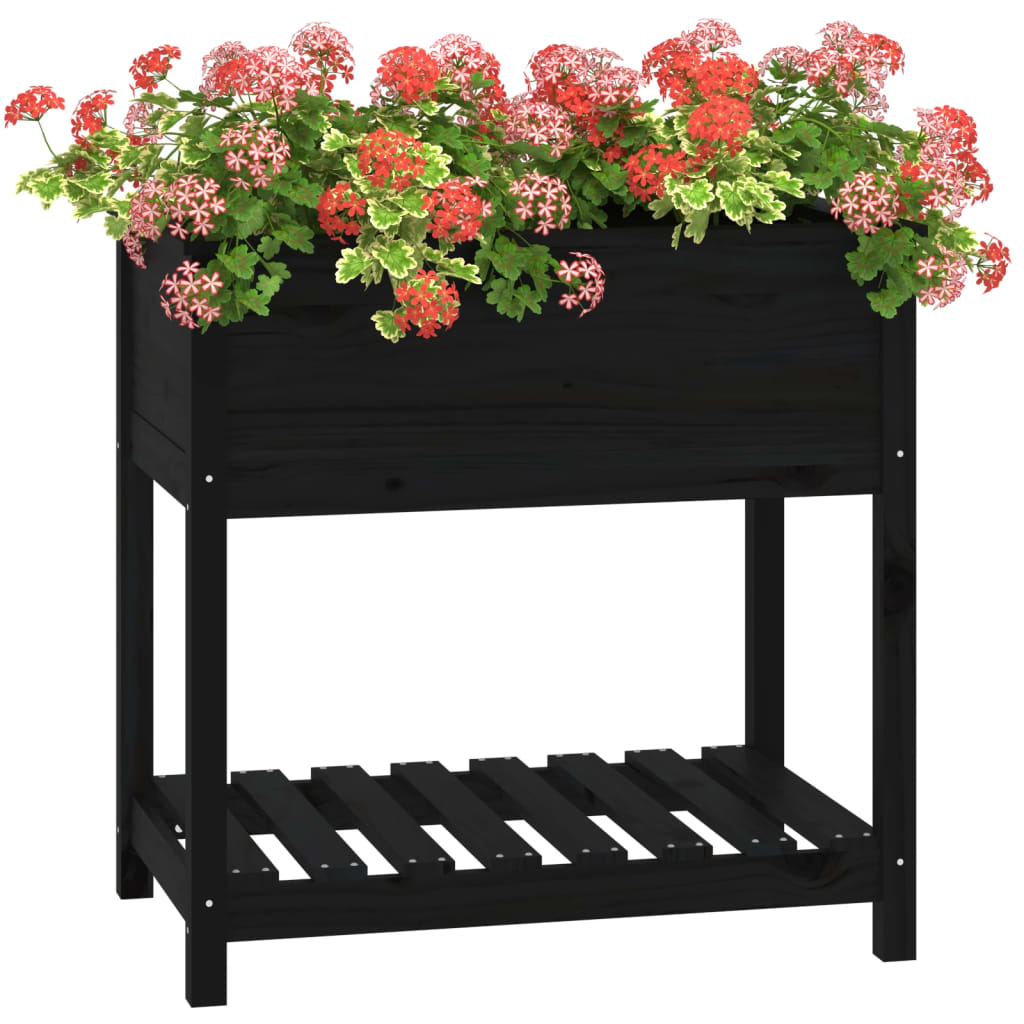 Planter with Shelf Black 82.5x54x81 cm Solid Wood Pine