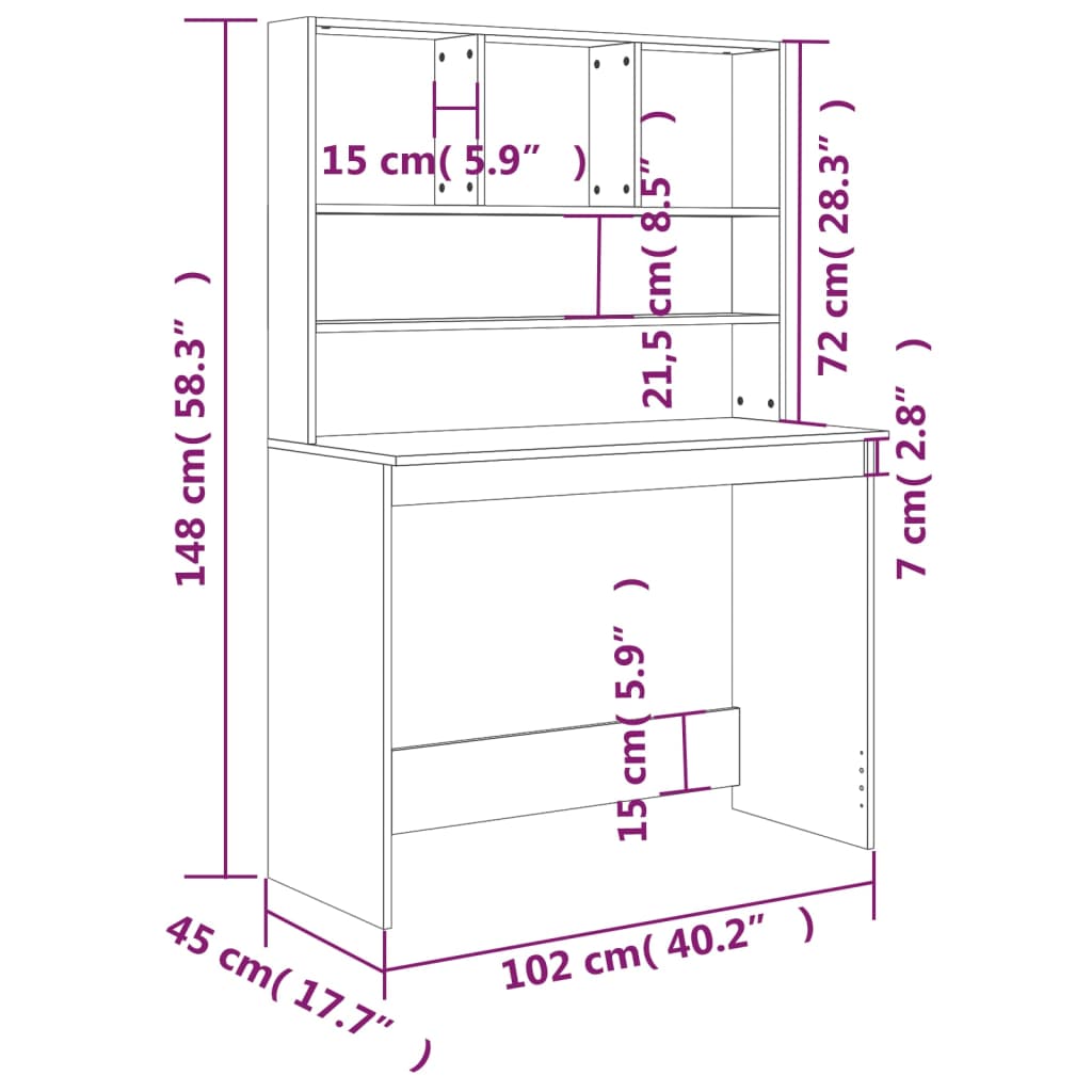 Desk with Shelves High Gloss White 102x45x148 cm Engineered Wood