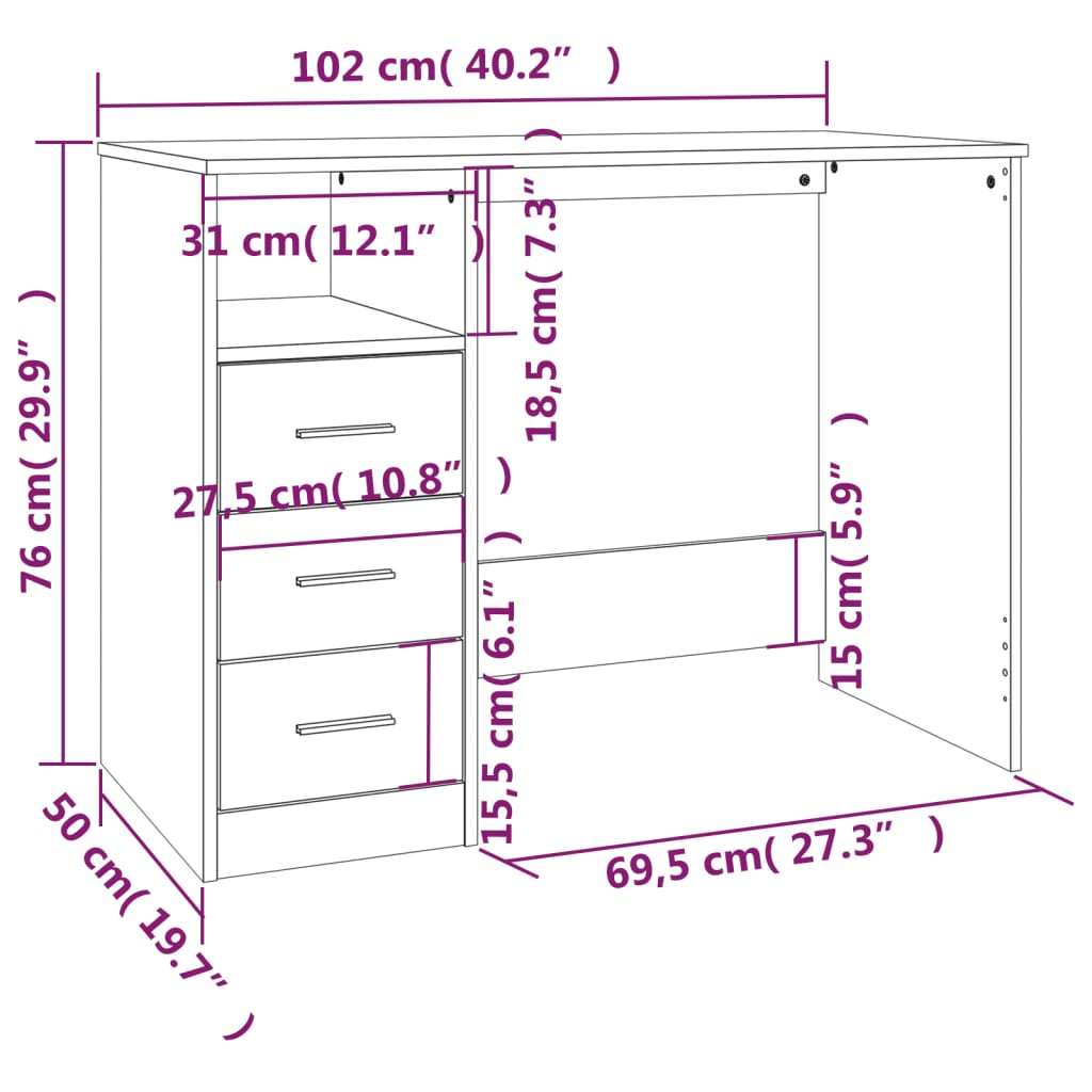 Desk with Drawers Grey Sonoma 102x50x76 cm Engineered Wood