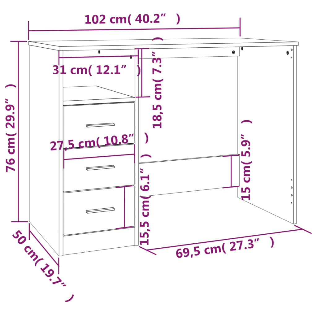 Desk with Drawers Brown Oak 102x50x76 cm Engineered Wood