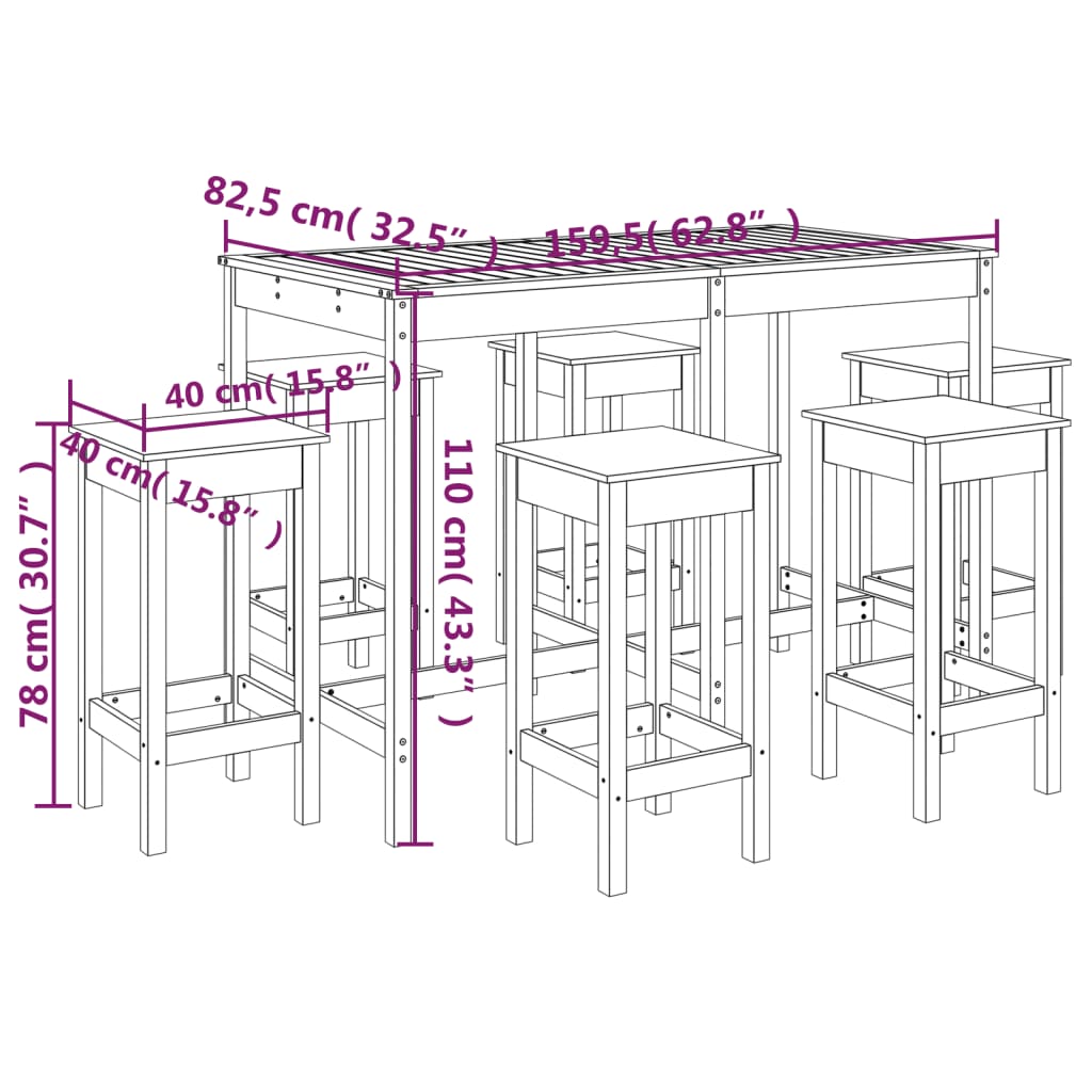 7 Piece Garden Bar Set White Solid Wood Pine