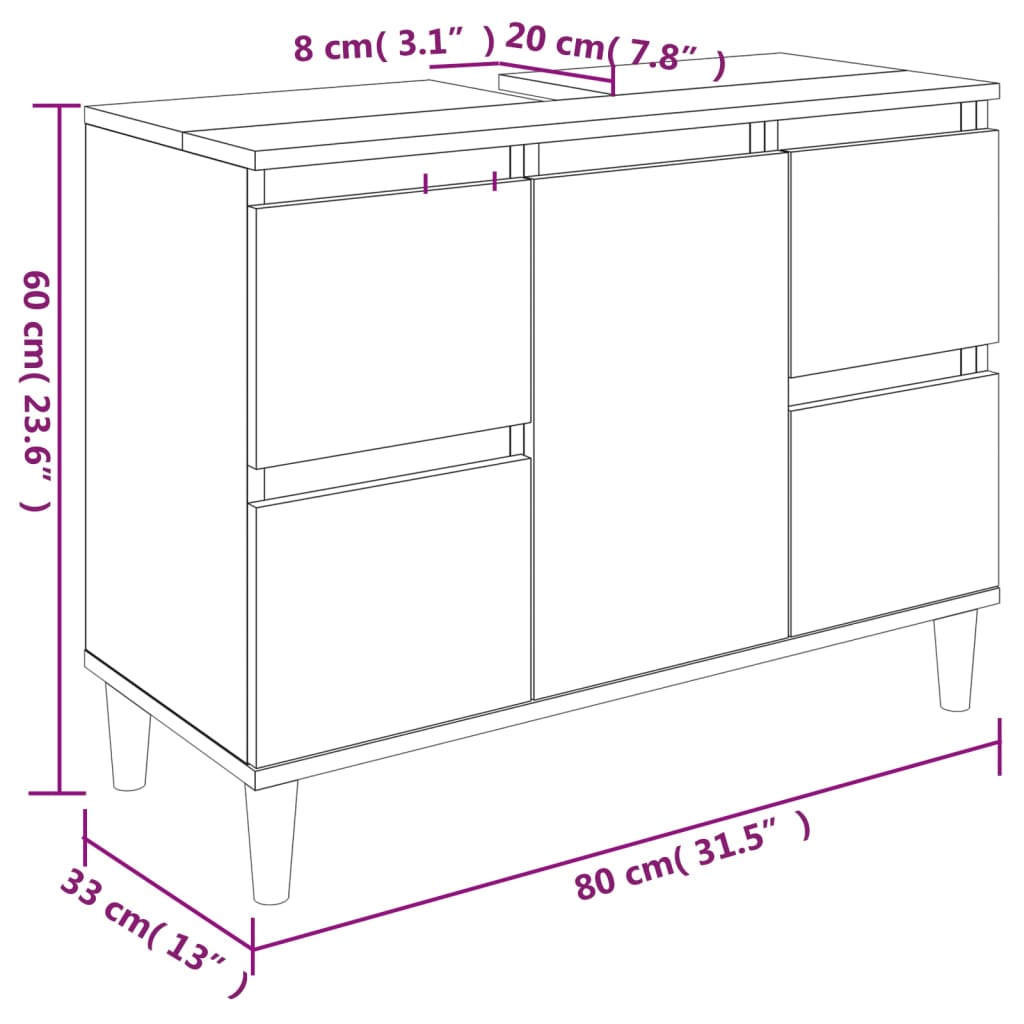 Sink Cabinet High Gloss White 80x33x60 cm Engineered Wood