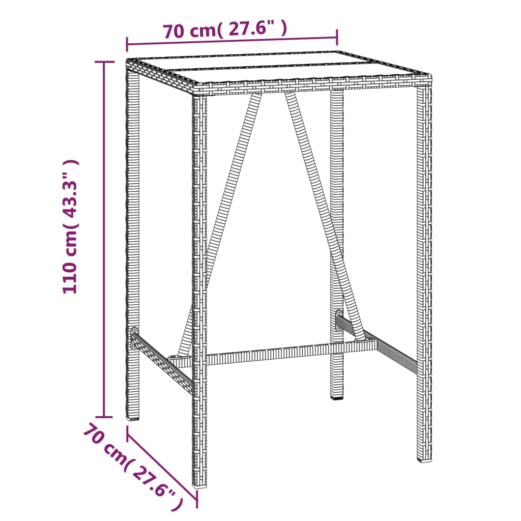 Bar Table with Glass Top Black 70x70x110 cm Poly Rattan