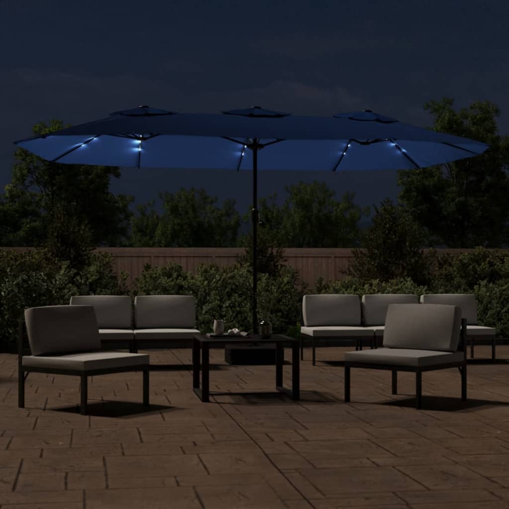 Double-Head Garden Parasol with LEDs Azure Blue 449x245 cm