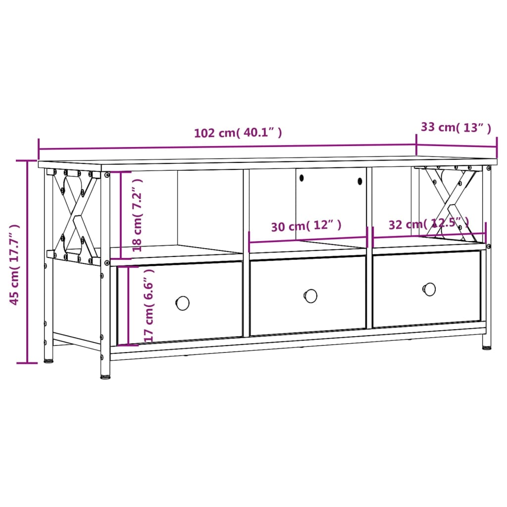 TV Cabinet Smoked Oak 102x33x45 cm Engineered Wood&Iron