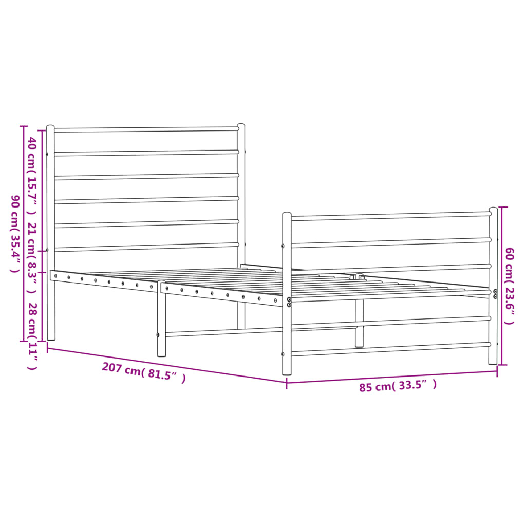 Metal Bed Frame without Mattress with Footboard White 80x200cm
