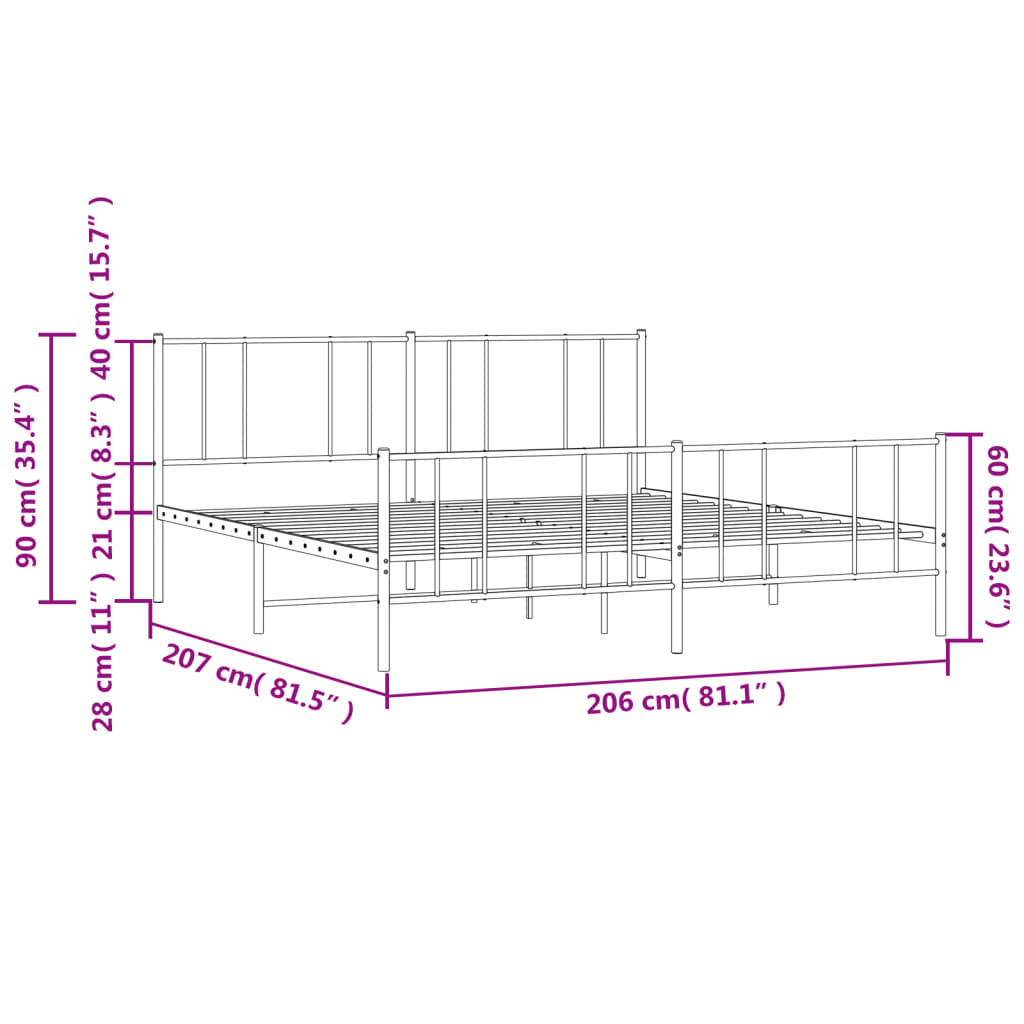 Metal Bed Frame without Mattress with Footboard Black 200x200cm