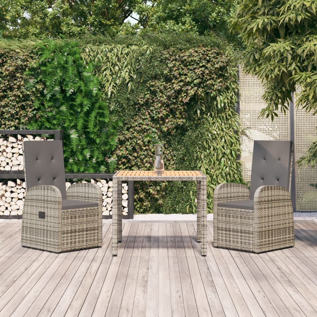 3 Piece Garden Dining Set Grey Poly Rattan&Solid Wood Acacia