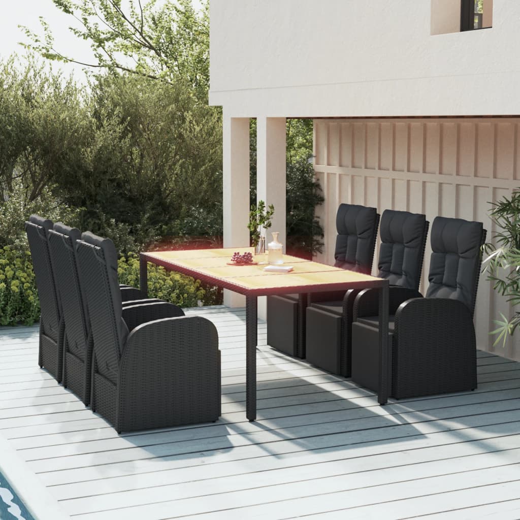 7 Piece Garden Dining Set Black Poly Rattan&Solid Wood Acacia