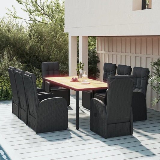 9 Piece Garden Dining Set Black Poly Rattan&Solid Wood Acacia