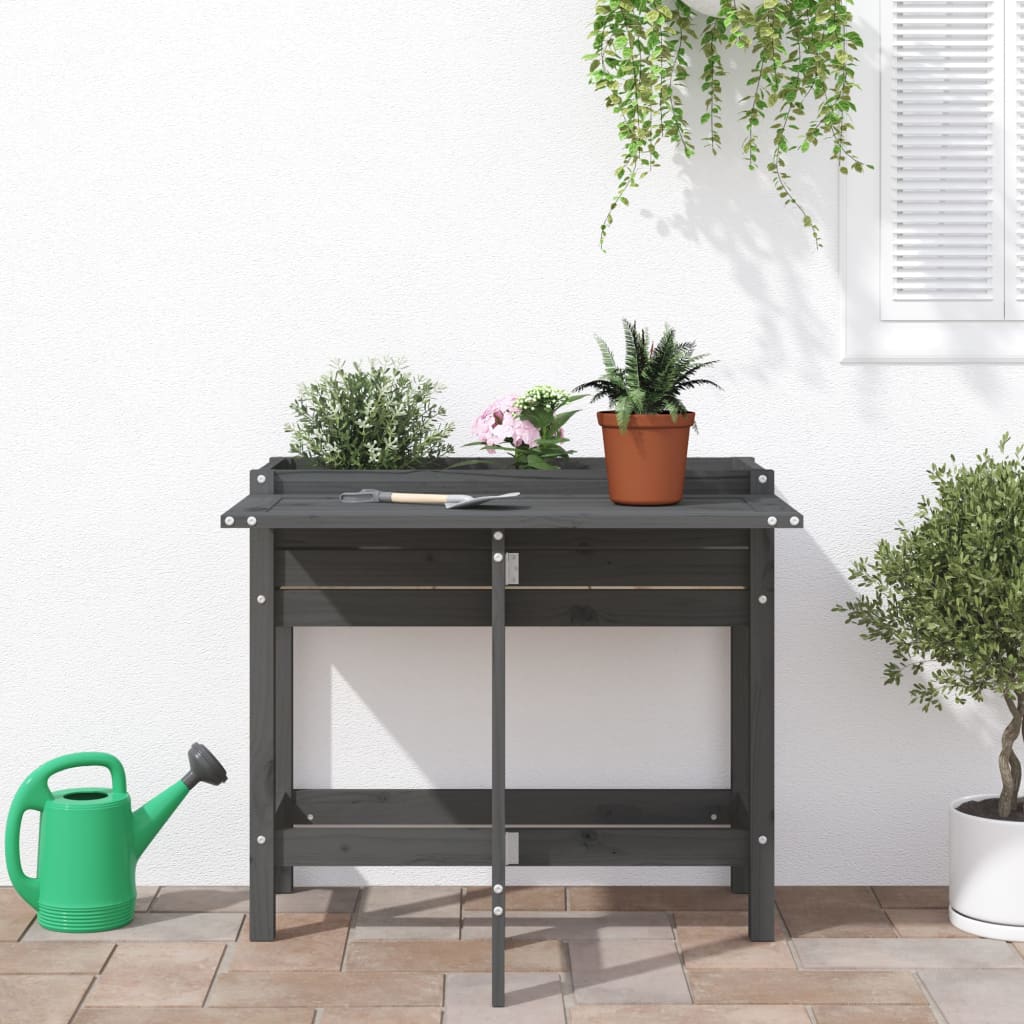 Garden Planter with Folding Tabletop Grey Solid Wood Pine