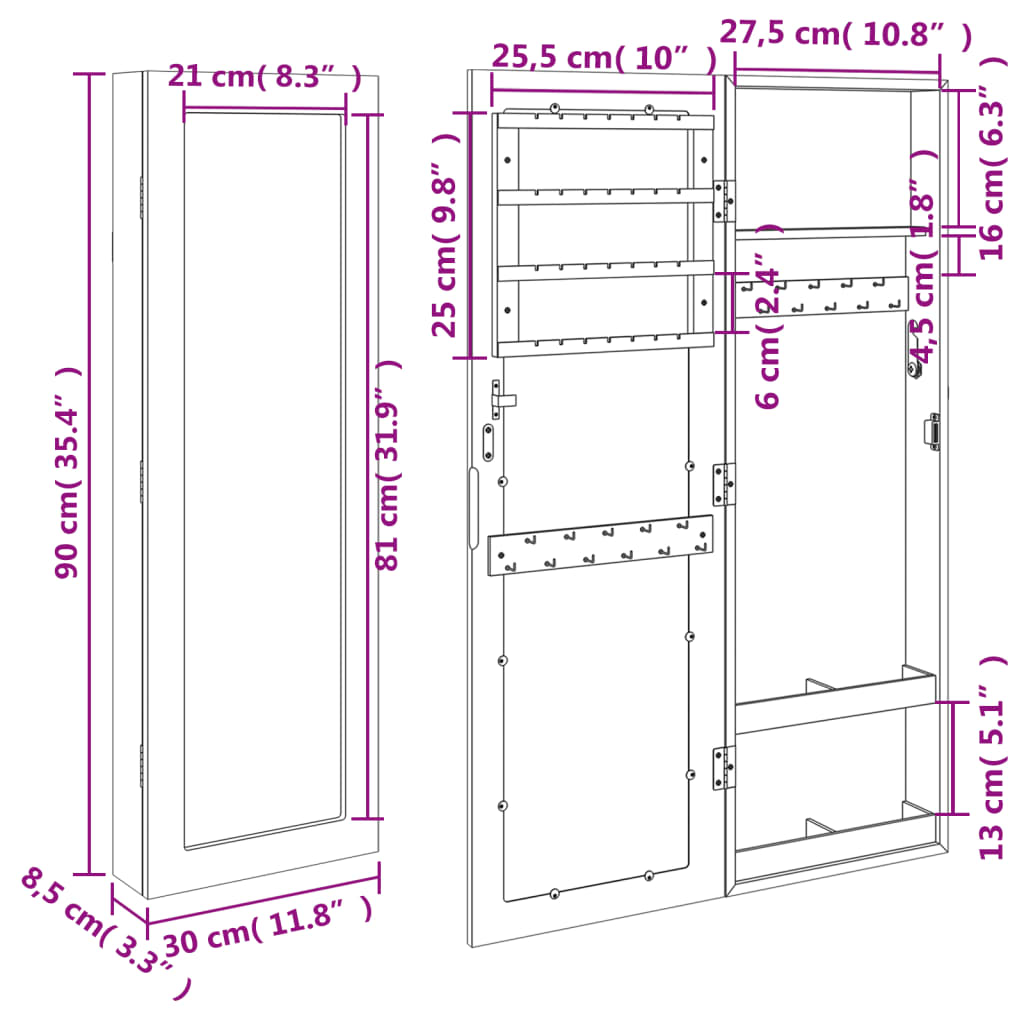 Mirror Jewellery Cabinet Wall Mounted 30x8.5x90 cm