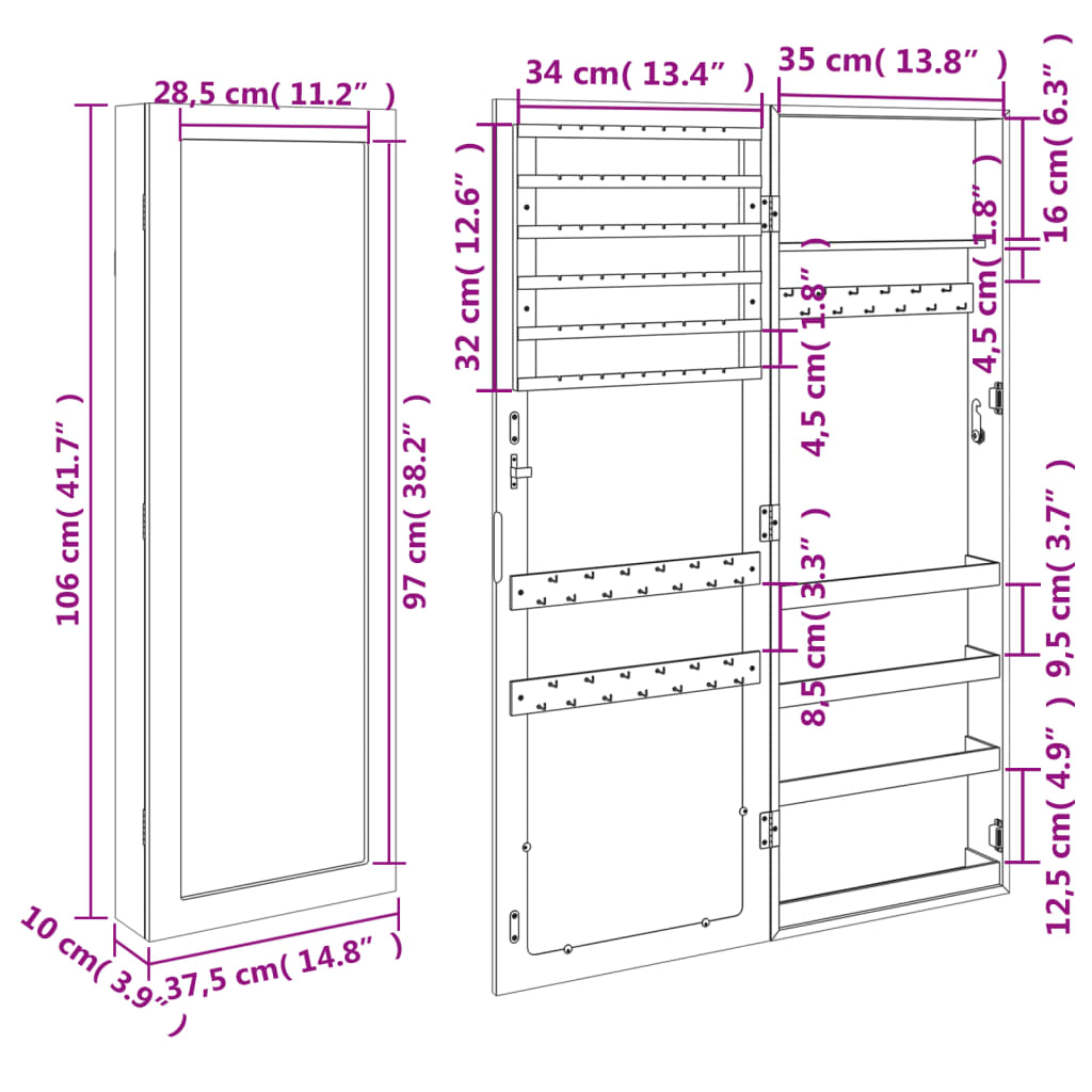 Mirror Jewellery Cabinet Wall Mounted 37.5x10x106 cm