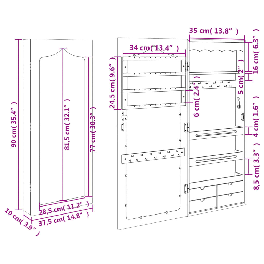 Mirror Jewellery Cabinet Wall Mounted 37.5x10x90 cm